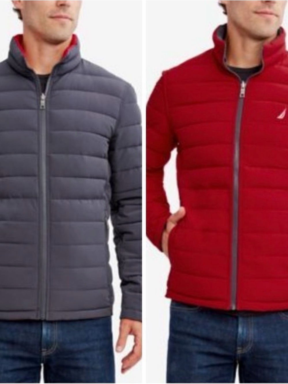Nautica Quilted Puffer Jacket in Gray with Red Trim